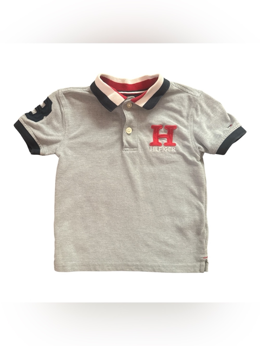 Tommy Hilfiger Light Gray Polo with Red 'H' Patch and Navy Trim #8 on Sleeve Top